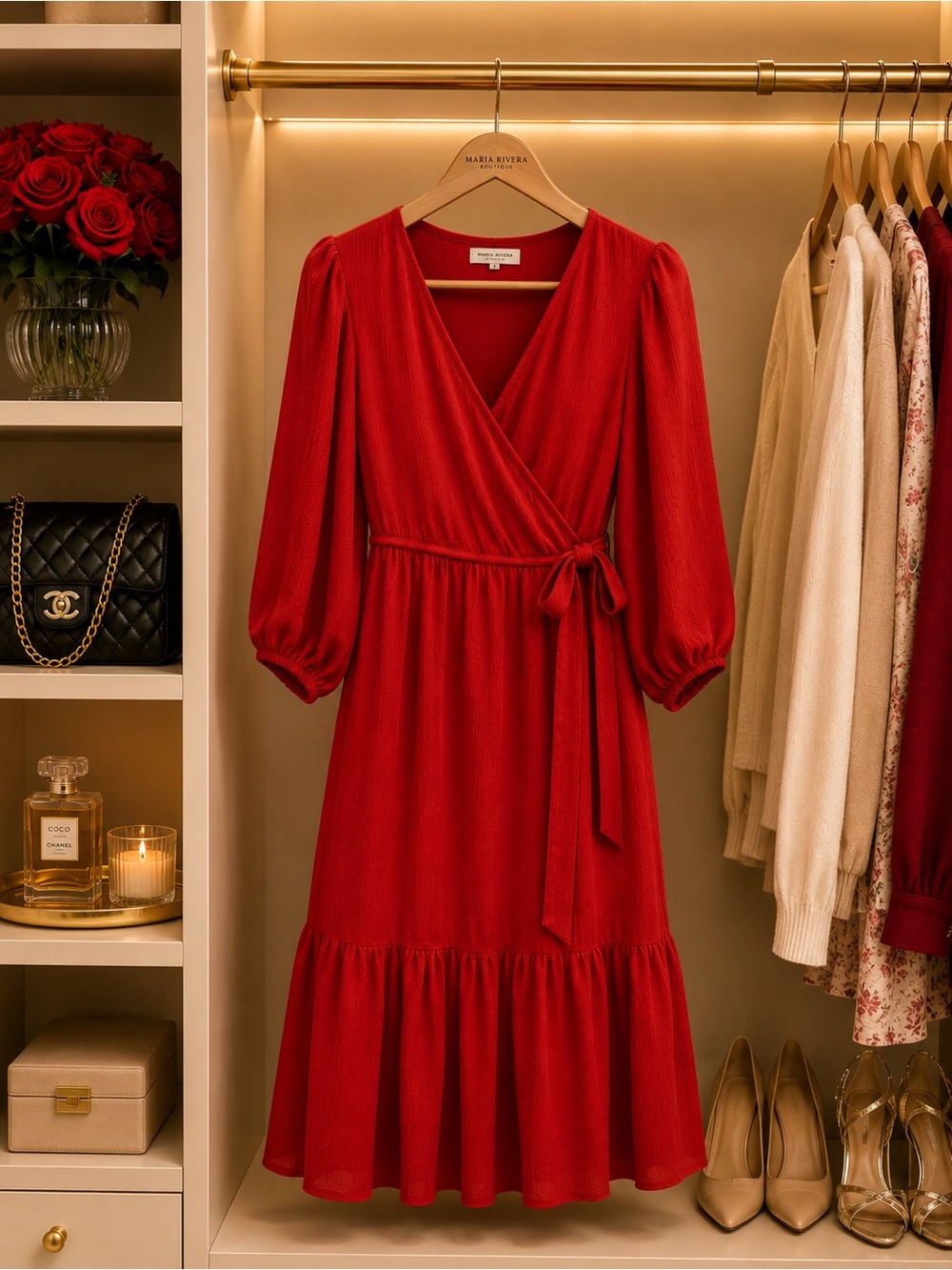 Max Studio Red Wrap Midi Dress with Tie Waist